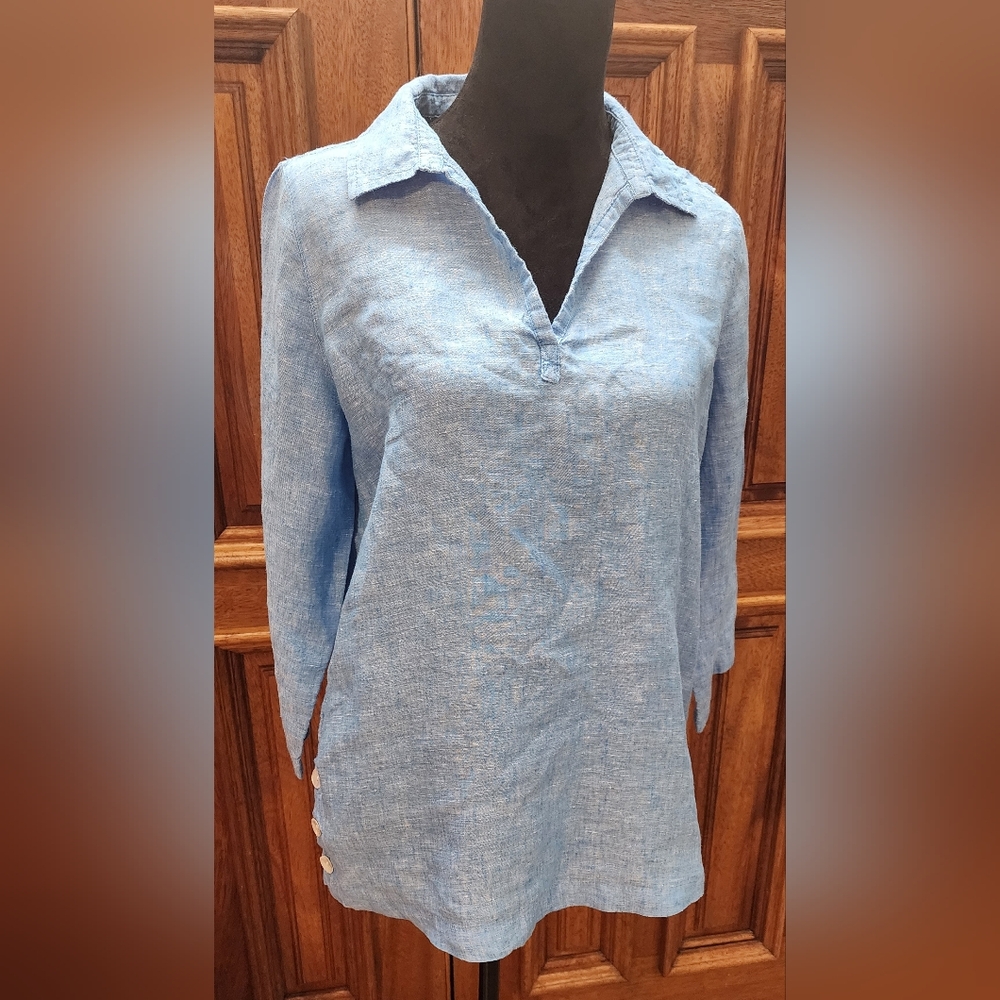 Tahari Blue Relaxed Button Down 3/4 Sleeve Shirt 100% Linen Size M